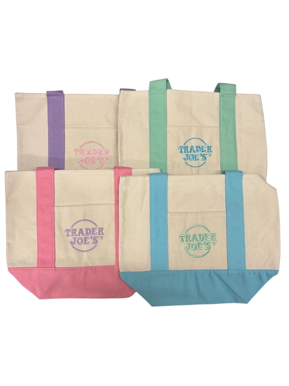 Trader Joes Mini Tote Bags Set 4 Pastel Pink Purple Green Blue NEW